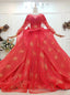 You Can Be The Star Red Ball Gowns Tulle Gold Sequins Long Sleeve Beading Appliques Wedding Dress
