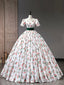 Beautiful Cherry Pattern Long Princess Prom Dress, White A Line Short Sleeve Prom Prom Dress