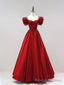 Burgundy Satin Floor Length Princess Dress with Beaded, A Line Short Sleeve Prom Prom Dress