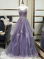 Purple Spaghetti Straps Lace Prom Dress, Lovely Tulle Corset Floor Length Prom Dress