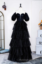 Saprkly Black Off-Shoulder Puff Sleeves Layers Long Prom Dress