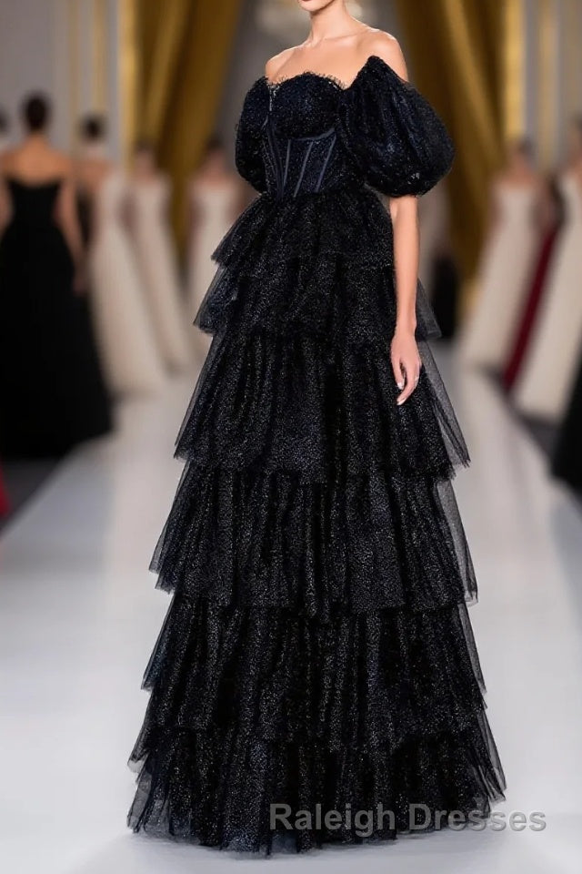 Saprkly Black Off-Shoulder Puff Sleeves Layers Long Prom Dress