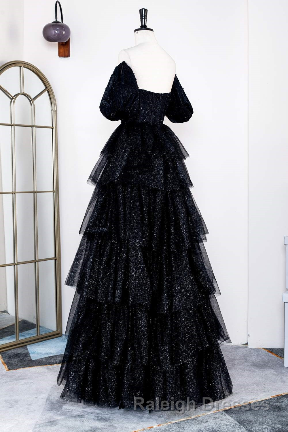 Saprkly Black Off-Shoulder Puff Sleeves Layers Long Prom Dress Secondary image