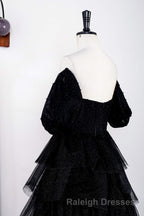 Saprkly Black Off-Shoulder Puff Sleeves Layers Long Prom Dress