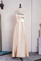 Champagne One Shoulder A Line Satin Tea Length Bridesmaid Dresses