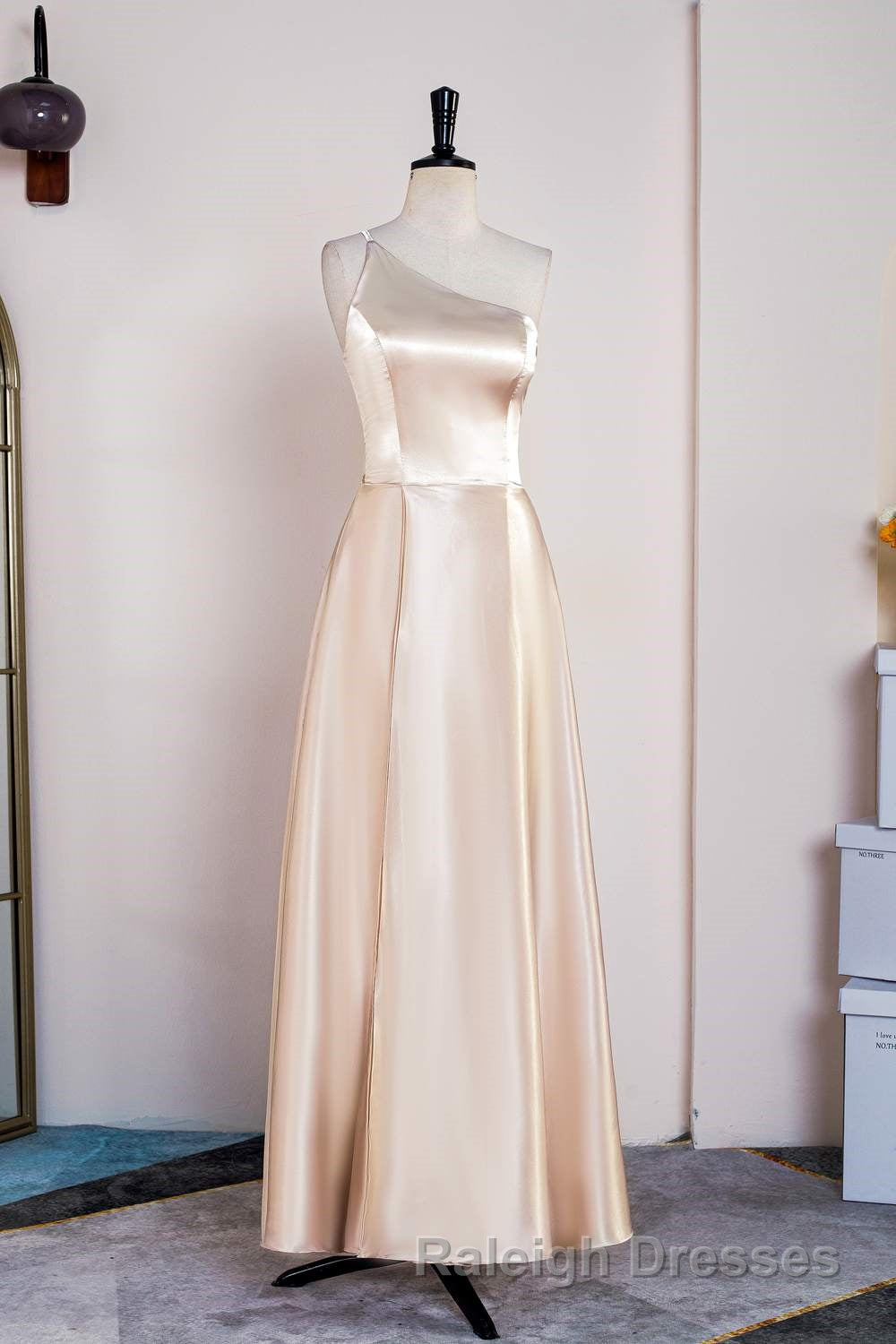 Champagne One Shoulder A Line Satin Tea Length Bridesmaid Dresses