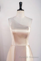 Champagne One Shoulder A Line Satin Tea Length Bridesmaid Dresses