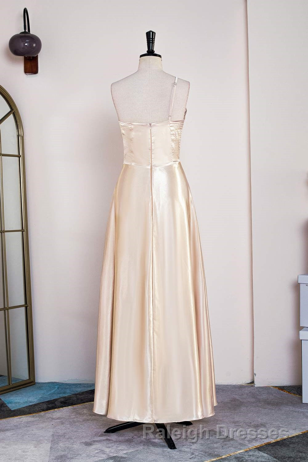 Champagne One Shoulder A-line Satin Tea Length Bridesmaid Dress Secondary image