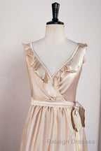 Champagne Ruffled Faux-Wrapped A-line Hi-Low Bridesmaid Dress with Sash