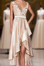 Champagne Ruffled Faux-Wrapped A-line Hi-Low Bridesmaid Dress with Sash