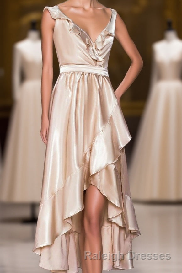 Champagne Ruffled Faux-Wrapped A Line Hi-Low Bridesmaid Dresses with Sash Main image