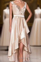 Champagne Ruffled Faux-Wrapped A Line Hi-Low Bridesmaid Dresses with Sash