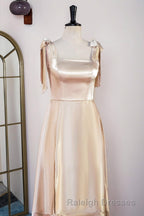 Champagne Bow Tie Straps A Line Satin Tea-Length Bridesmaid Dresses