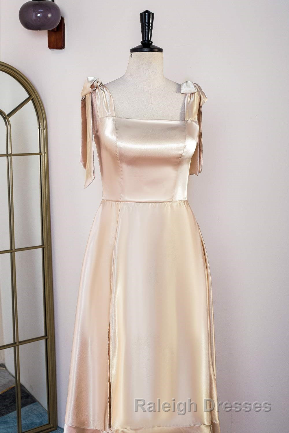 Champagne Bow Tie Straps A Line Satin Tea-Length Bridesmaid Dresses