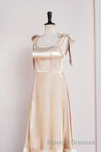 Champagne Bow Tie Straps A-line Satin Tea-Length Bridesmaid Dress