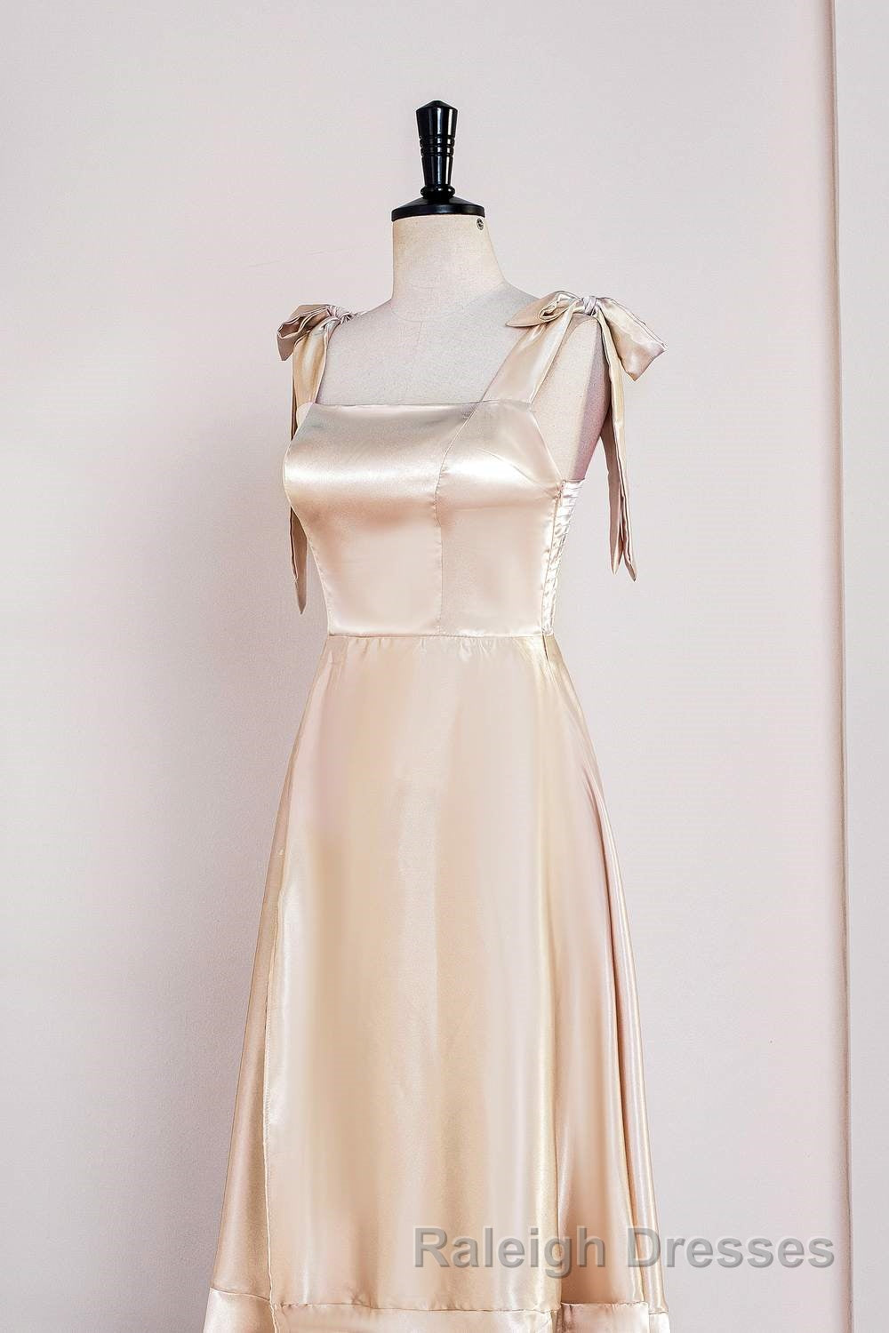 Champagne Bow Tie Straps A-line Satin Tea-Length Bridesmaid Dress