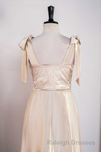 Champagne Bow Tie Straps A Line Satin Tea-Length Bridesmaid Dresses