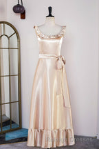 Champagne Sleeveless Ruffled A-line Tea-Length Bridesmaid Dress with Sash