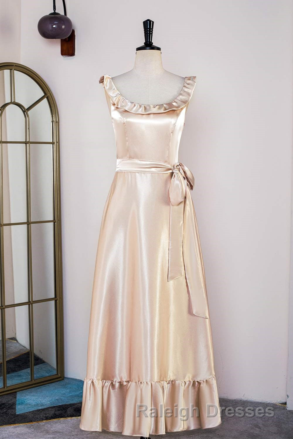 Champagne Sleeveless Ruffled A-line Tea-Length Bridesmaid Dress with Sash