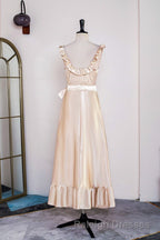Champagne Sleeveless Ruffled A-line Tea-Length Bridesmaid Dress with Sash