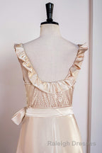 Champagne Sleeveless Ruffled A-line Tea-Length Bridesmaid Dress with Sash