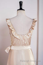 Champagne Sleeveless Ruffled A Line Tea-Length Bridesmaid Dresses with Sash