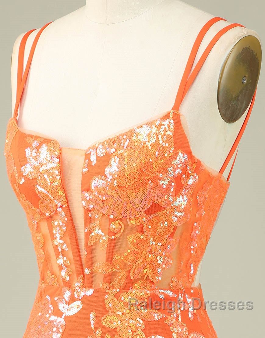 Orange Double Spaghetti Straps Glitter SequinTight Homecoming Dress