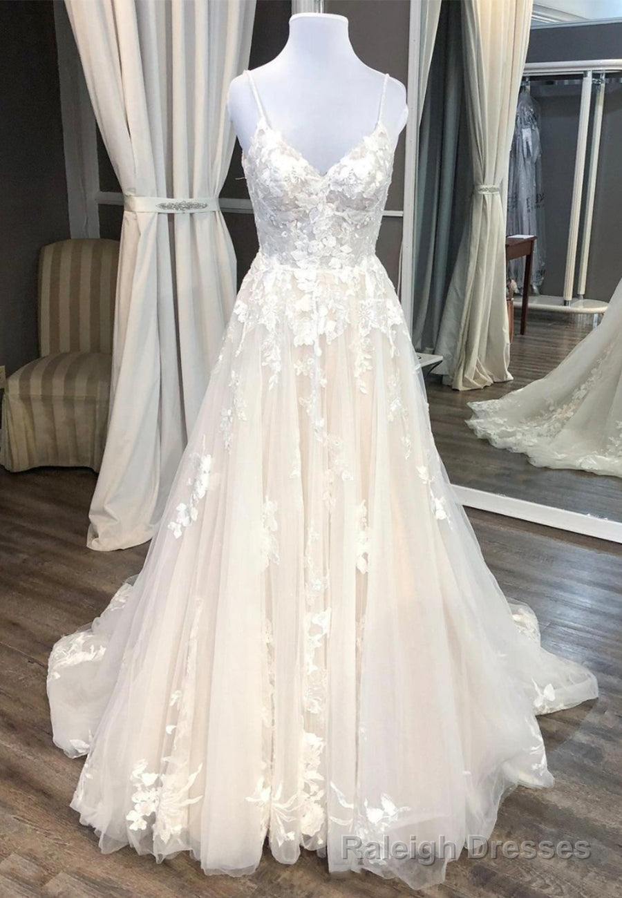 Champagne V Neck Lace Long Prom Dresses, A Line Prom Dresses Main image