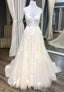 Champagne V Neck Lace Long Prom Dresses, A Line Prom Dresses