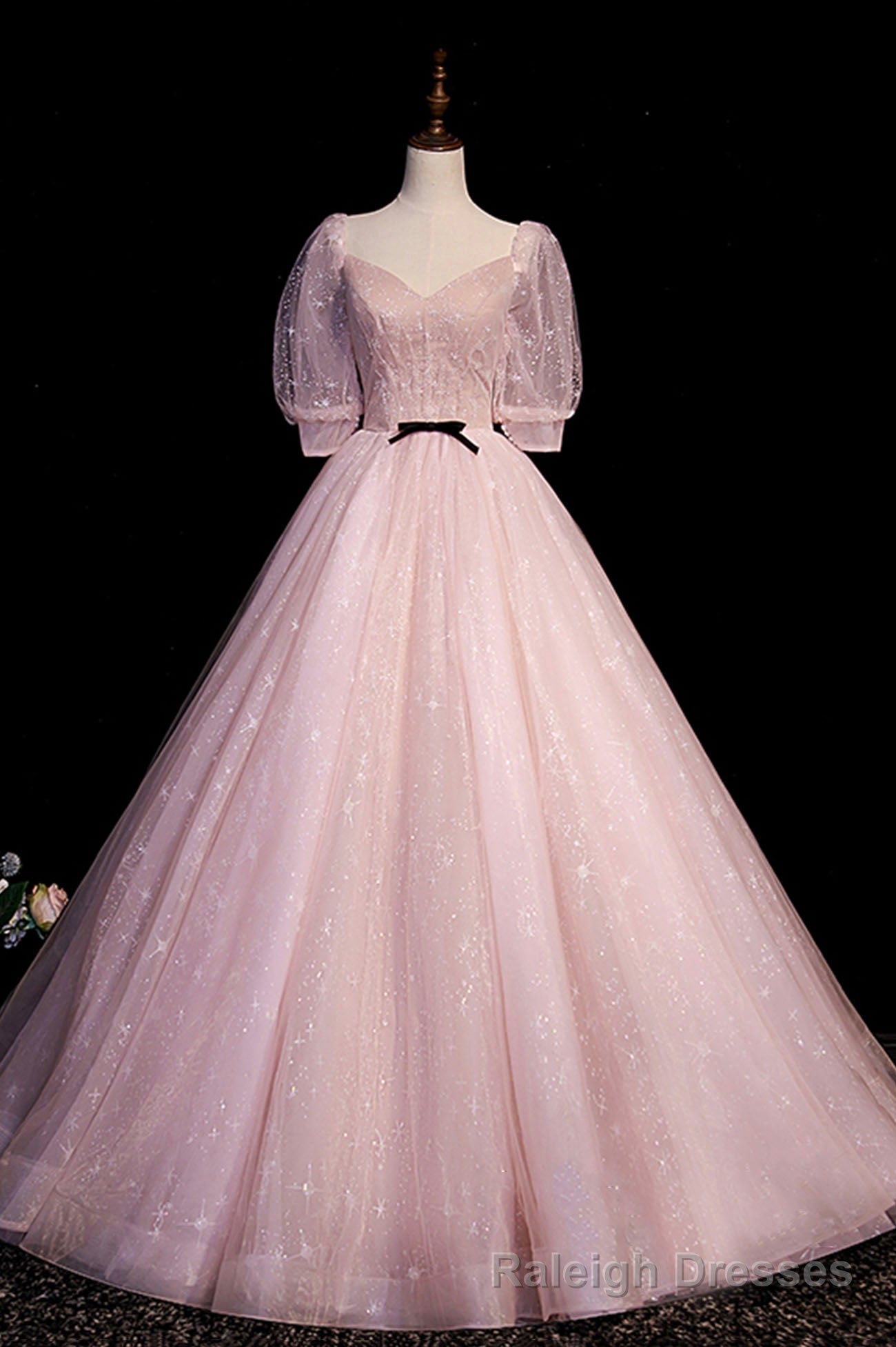 Pink V Neck Tulle Long Prom Dress, A Line Short Sleeves Prom Dress Main image