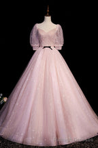 Pink V Neck Tulle Long Prom Dress, A Line Short Sleeves Prom Dress