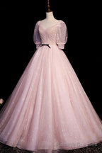 Pink V Neck Tulle Long Prom Dress, A Line Short Sleeves Prom Dress