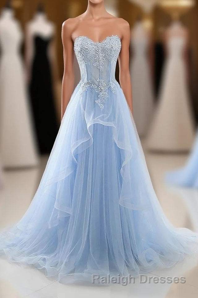 Light Blue Tulle Lace Long Prom Dresseses Main image