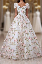 White V Neck 3D Flowers Long Prom Dress, White Evening Dress