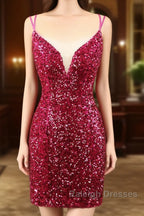 Sparkly Sequin Double Spaghetti Straps Tight Homecoming Dress