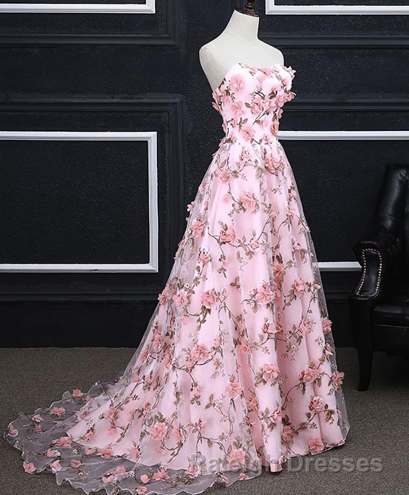 Pink Tulle 3D Flowers Long Prom Dress, Pink Evening Dress Secondary image