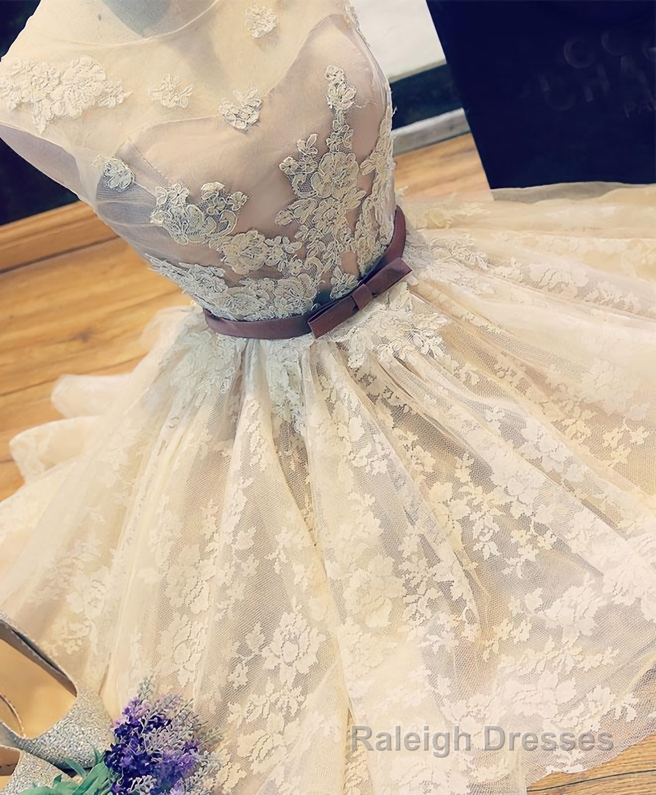 Cute Champagne Lace Short Prom Dress, Cheap Prom Dress Main image