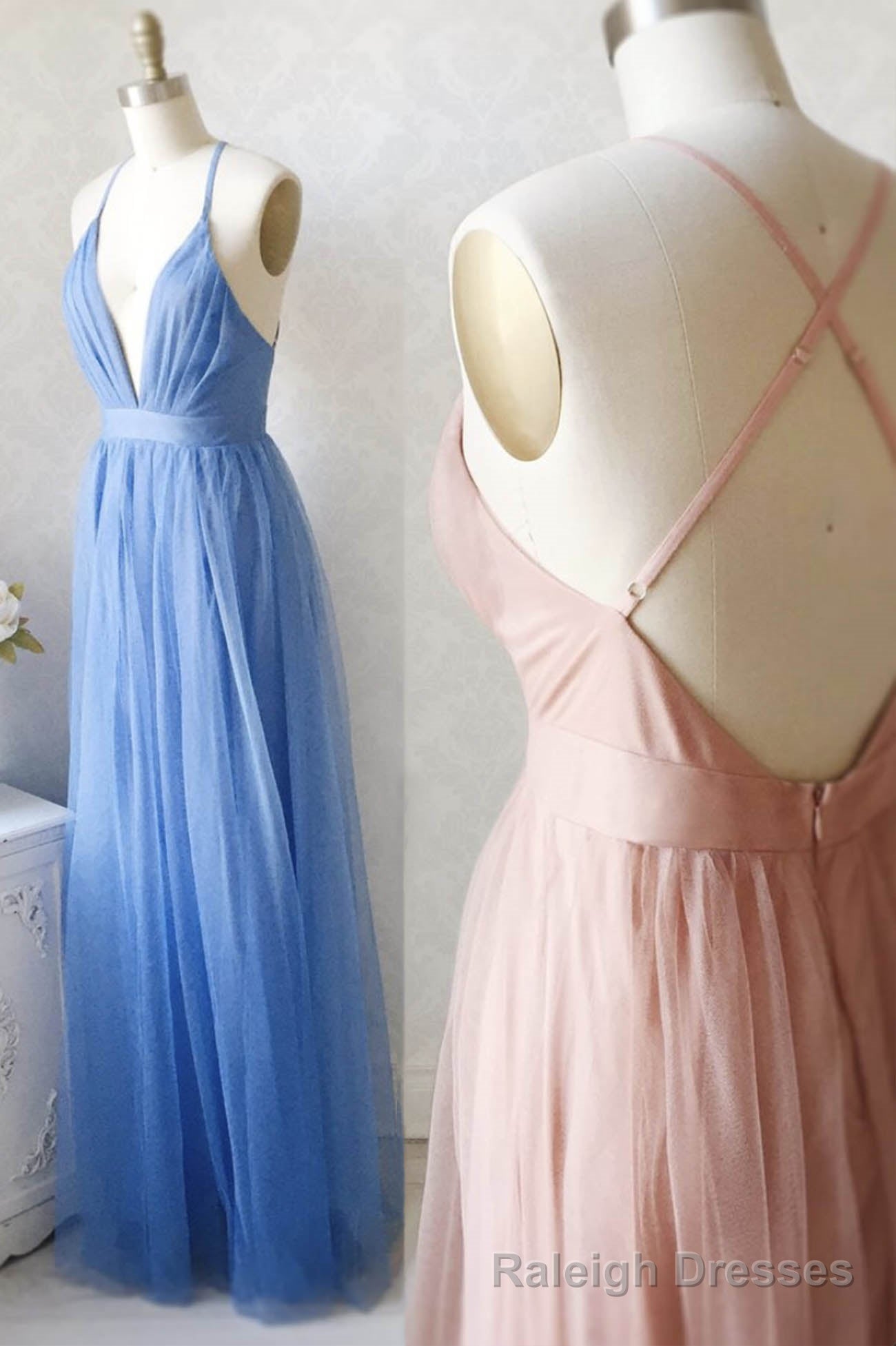 A-Line Tulle Long Prom Dresses, Simple V-Neck Party Dresses Main image
