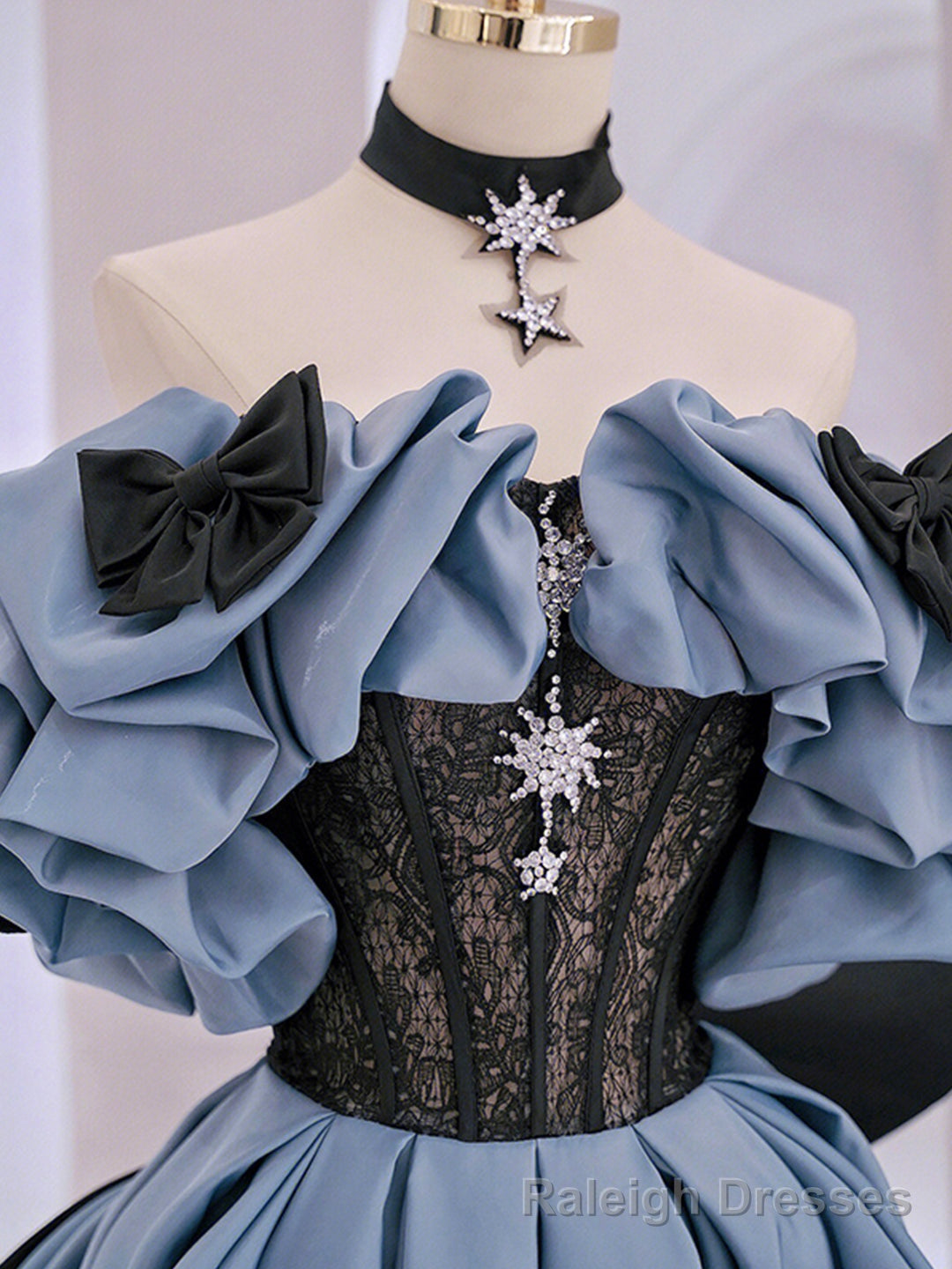 Blue Satin Lace Long Prom Dress, Off Shoulder Prom Dress