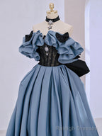 Blue Satin Lace Long Prom Dress, Off Shoulder Prom Dress