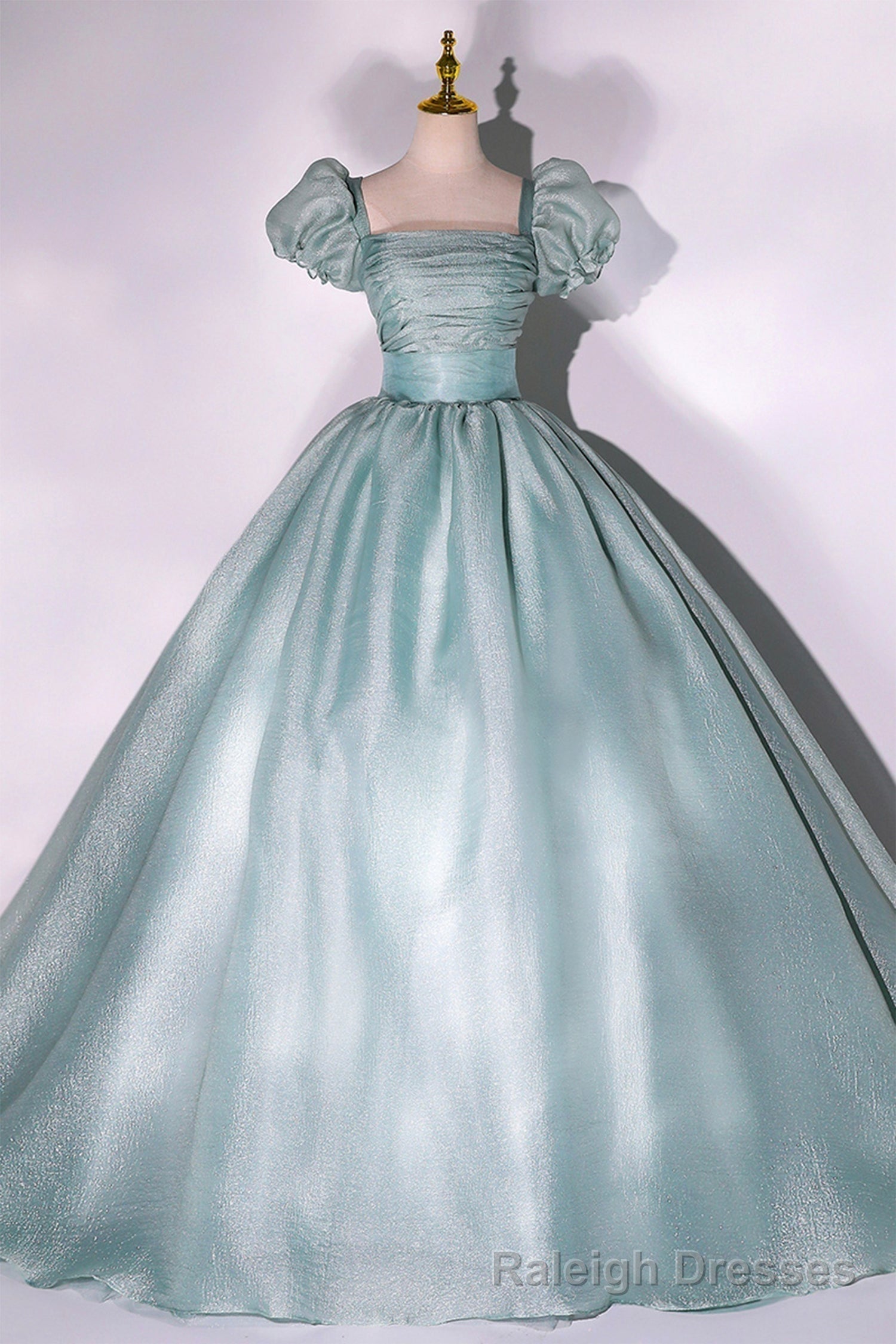 Green Tulle Floor Length Prom Dress, Lovely Short Sleeve Formal Prom Gowns Main image