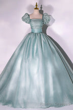 Green Tulle Floor Length Prom Dress, Lovely Short Sleeve Formal Prom Gowns