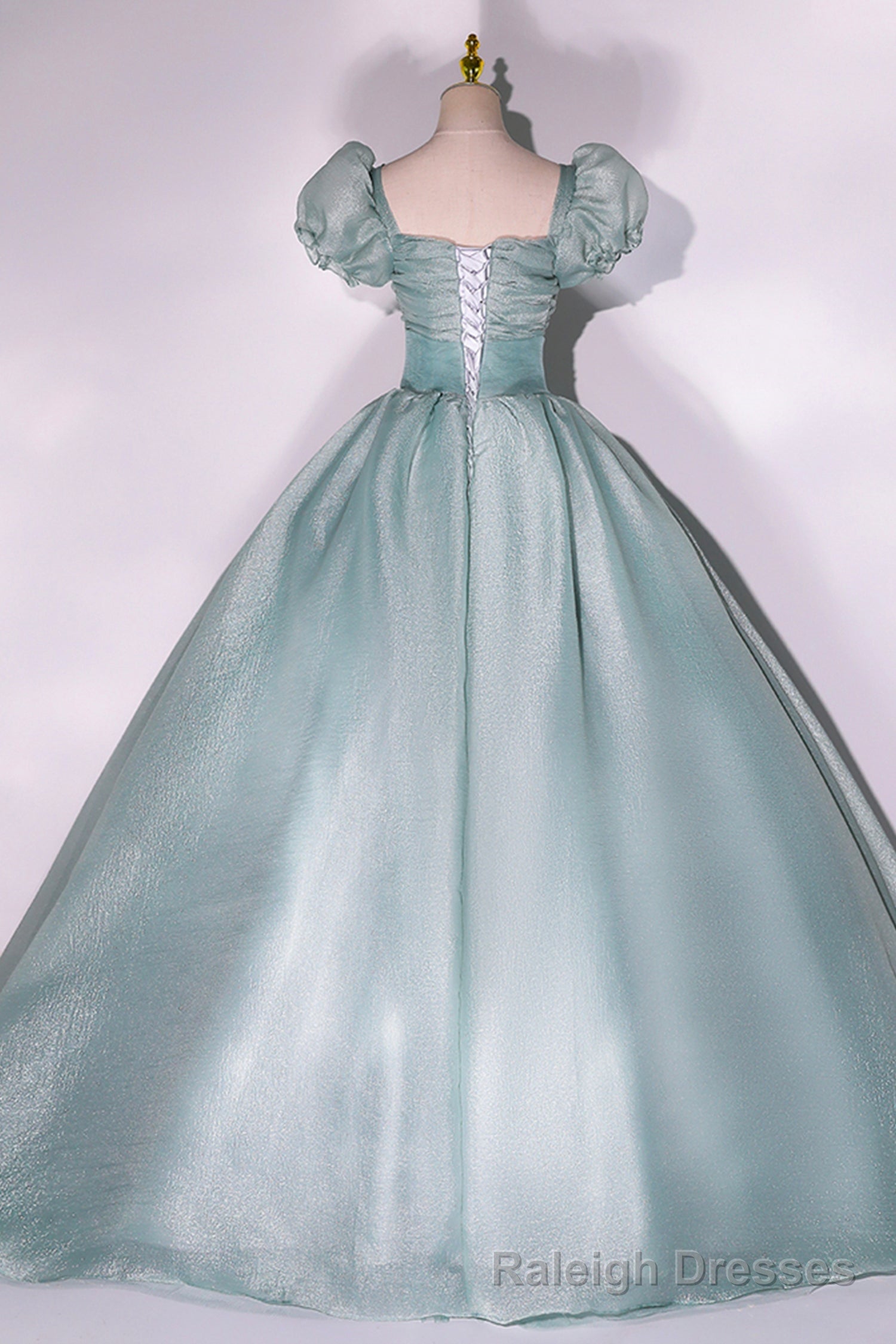 Green Tulle Floor Length Prom Dress, Lovely Short Sleeve Formal Prom Gowns Secondary image