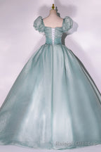 Green Tulle Floor Length Prom Dress, Lovely Short Sleeve Formal Prom Gowns