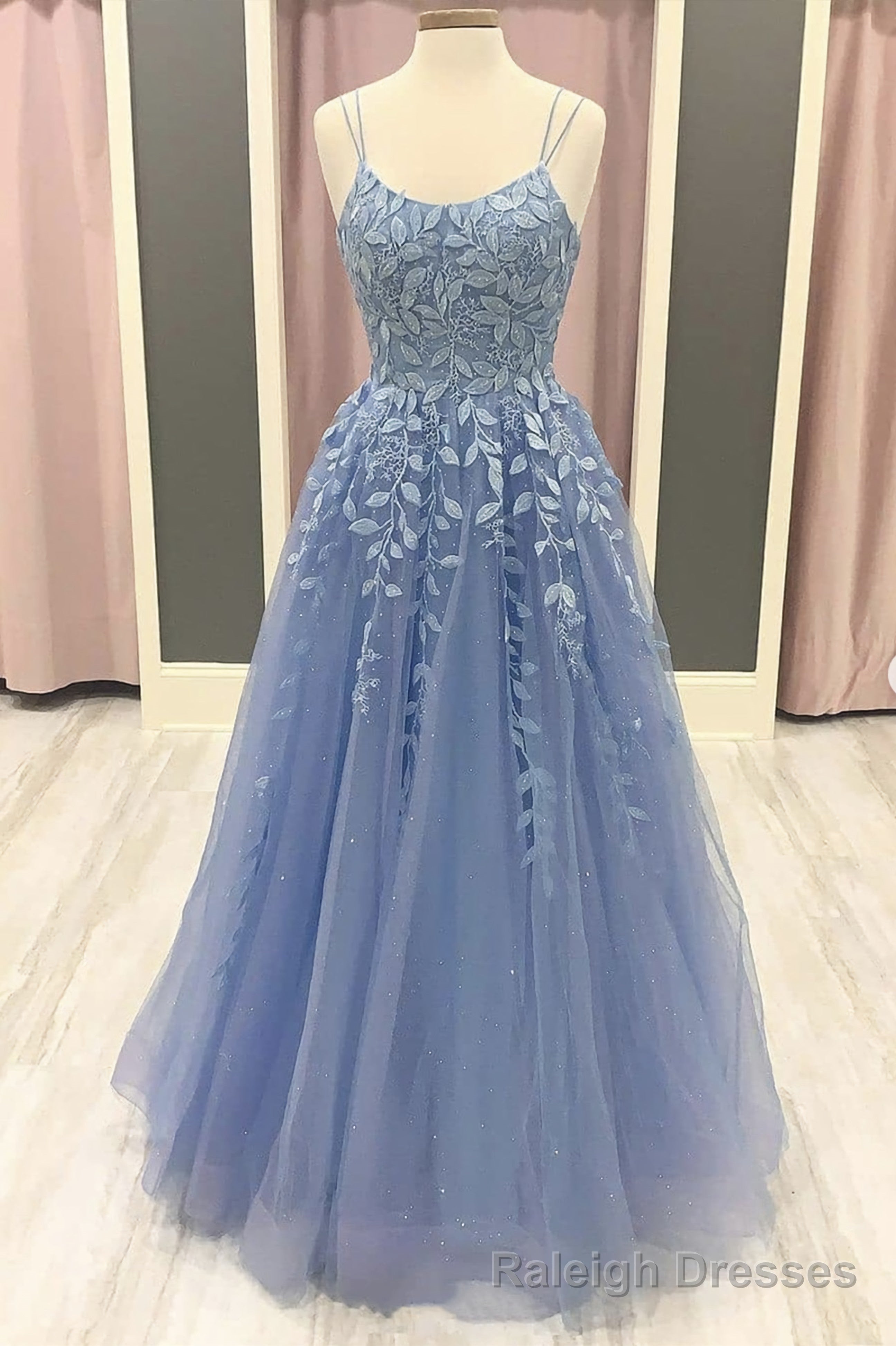 Blue Tulle Lace Applique Long Prom Dress, Lace Formal Dress Main image