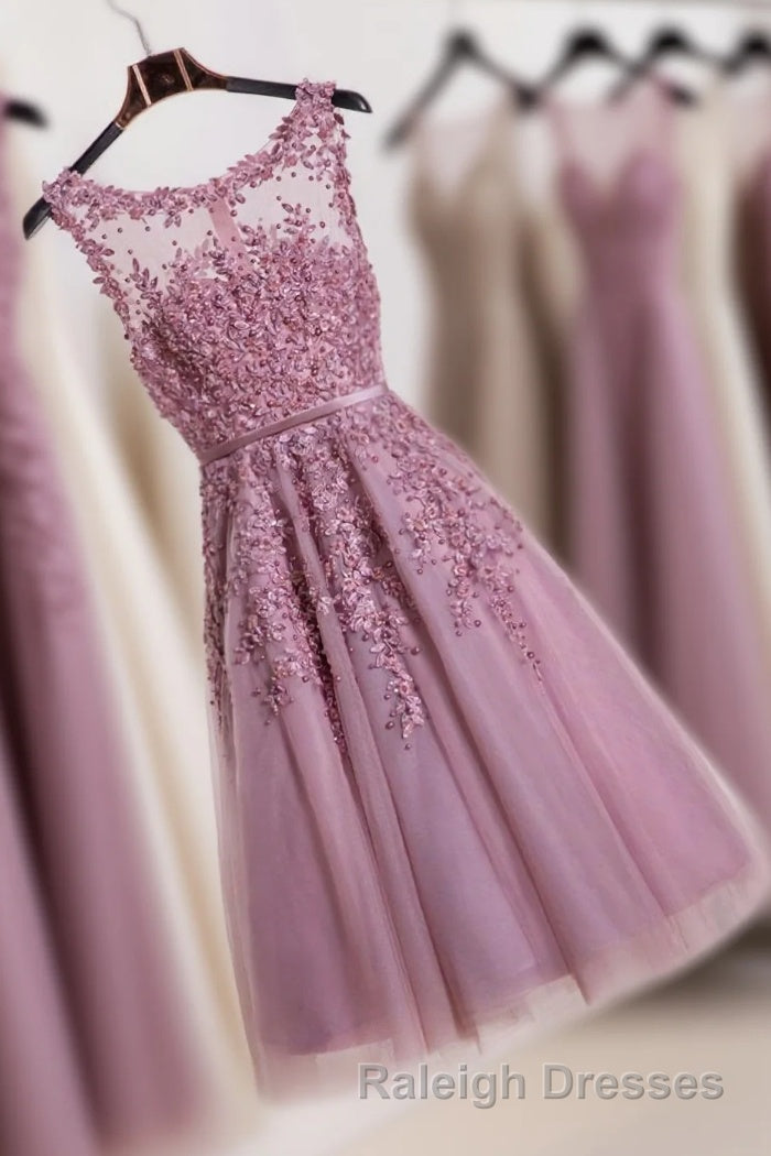 Cute Pink Lace Tulle Short Prom Dress, Pink Evening Dress