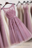 Cute Pink Lace Tulle Short Prom Dress, Pink Evening Dress