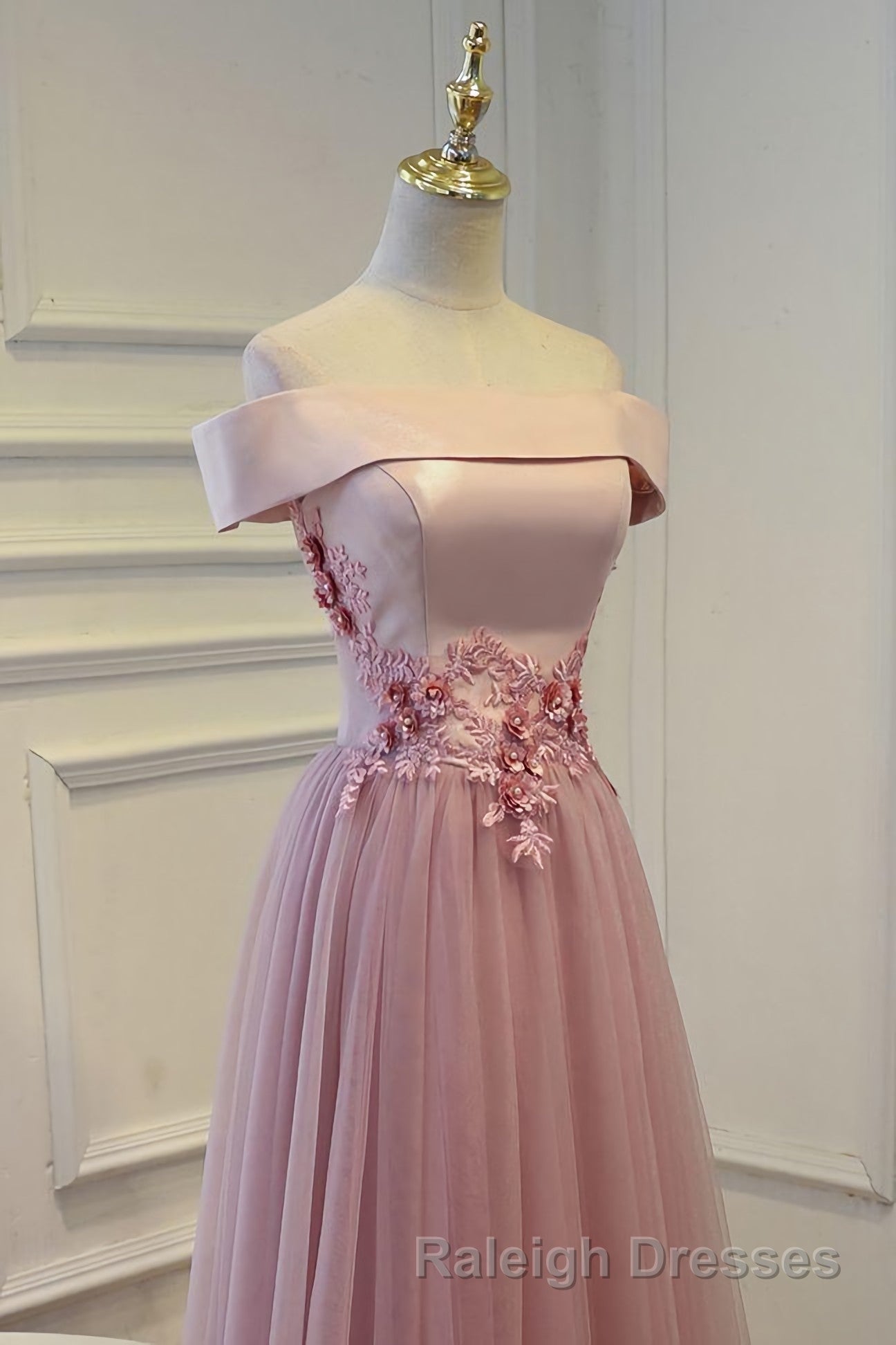 Pink A Line Off Shoulder Floor Length Prom Dresses Lace Prom Dresses