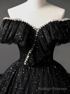 Black Tulle Long A-Line Prom Dress, Shiny Off Shoulder Evening Dress