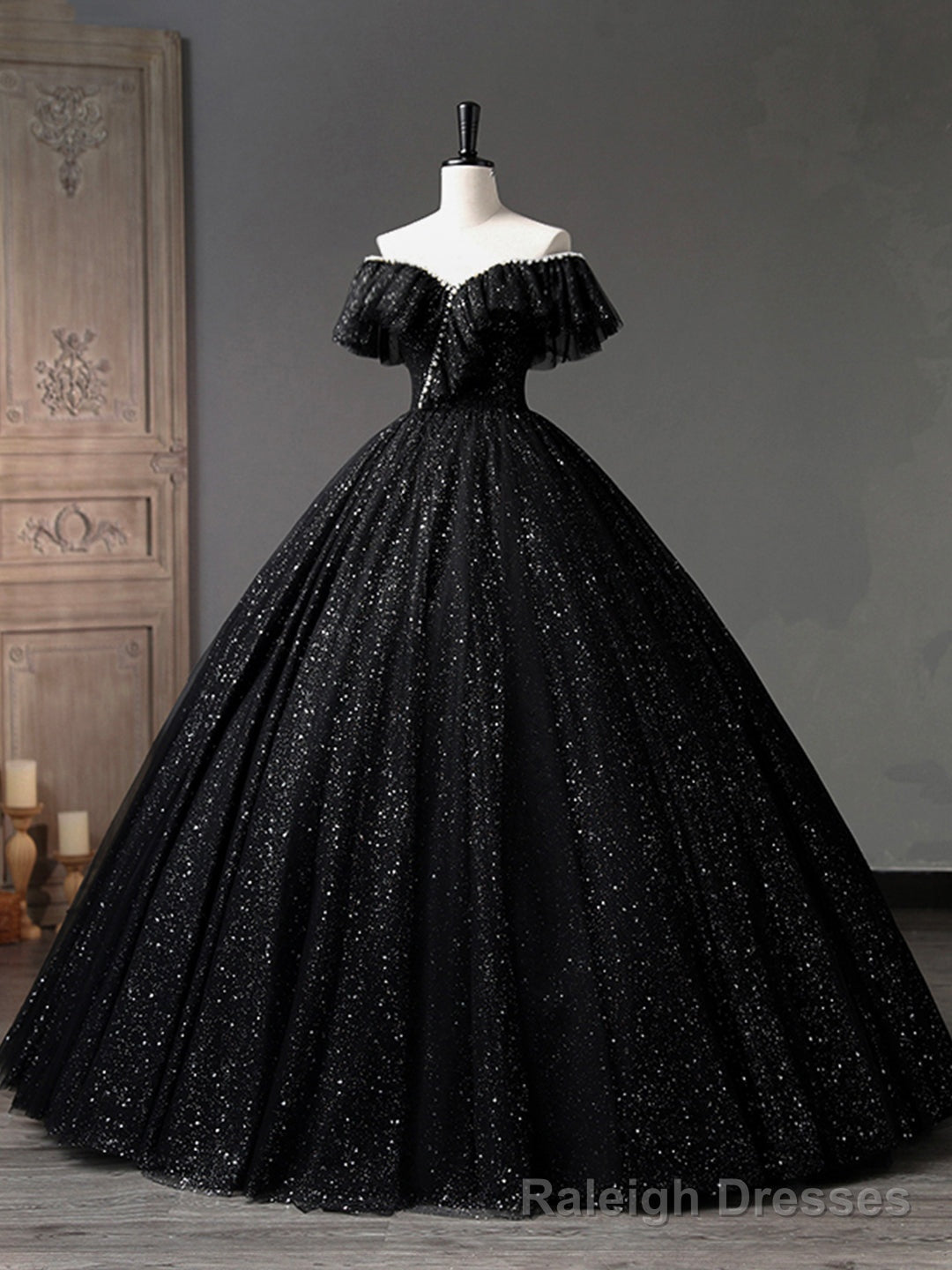 Black Tulle Long A-Line Prom Dress, Shiny Off Shoulder Evening Dress Secondary image